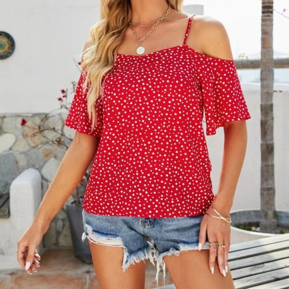Boho Red White Dot Pattern Cold Flounce Shoulder … - image 3